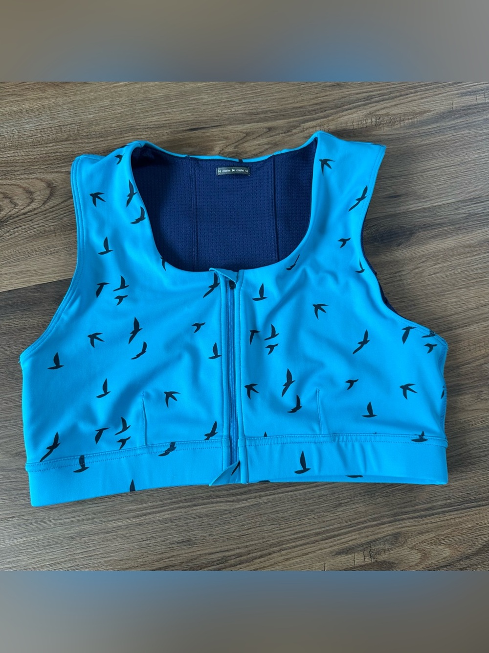 Oiselle Flyout Front Zip Sports Bra 14 Blue Running Birds Phone Pocket No Pads